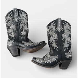 Rockin Country Black Leather Embroidered Western Boots Studded Size 6M